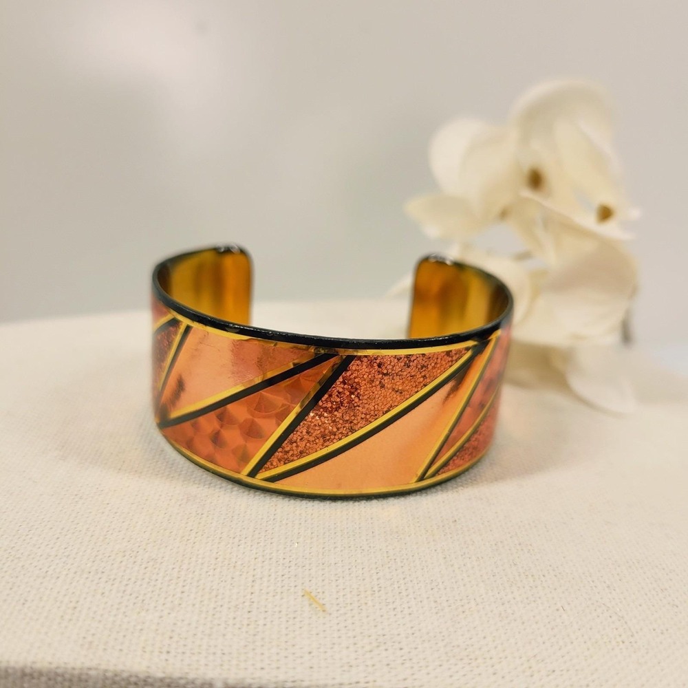 John Crutchfield Metallic Modernist Copper Tone Geometric Cuff Bracelet 1995